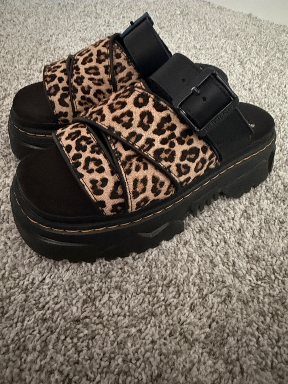 Dr. Martens Leopard Print Slide Sandals - Black & Tan - Picture 3 of 5